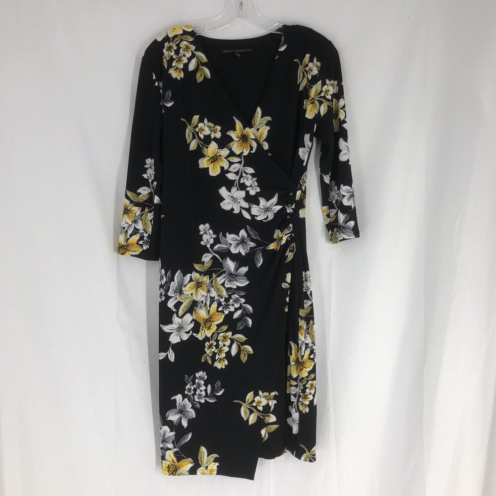 White House Black Market Dress Size 4 Black Yellow Floral Midi Faux Wrap